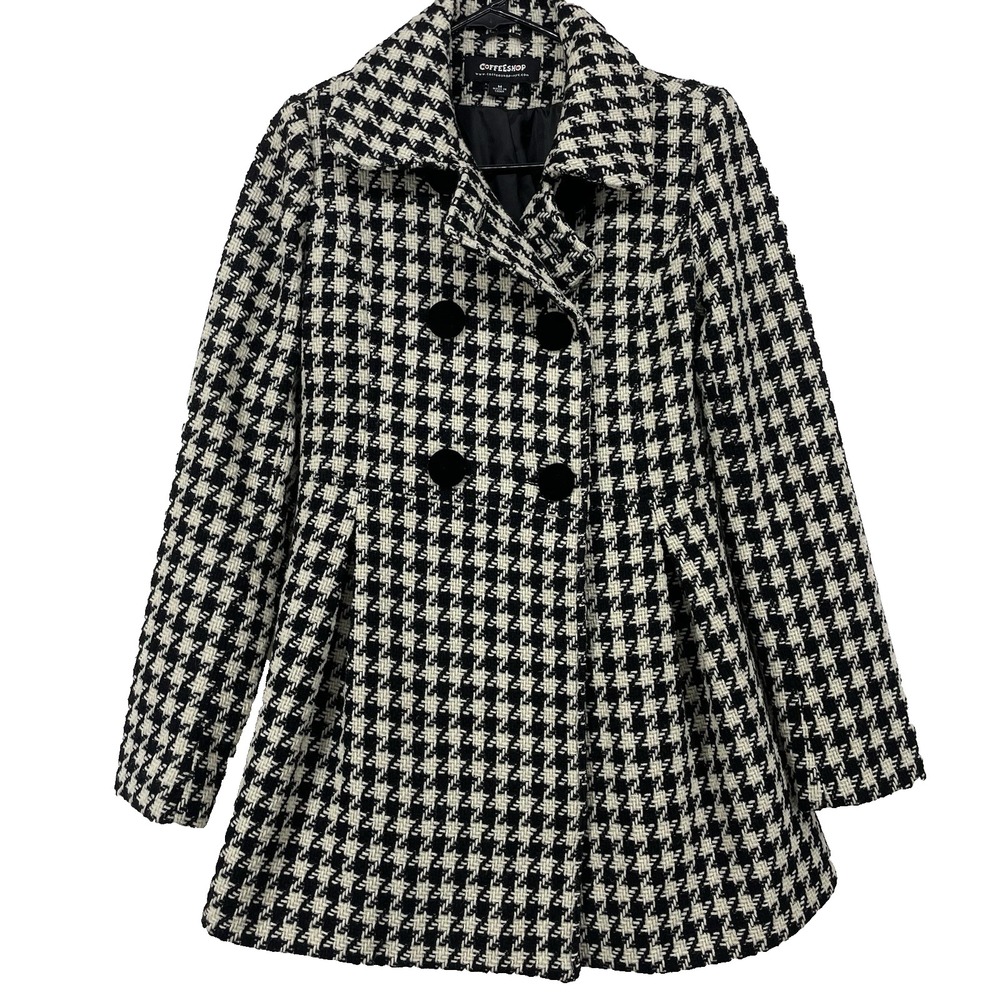 CoffeeShop Size S/M Houndstooth Double Breasted‎ Jacket Black Fit & Flare Coat